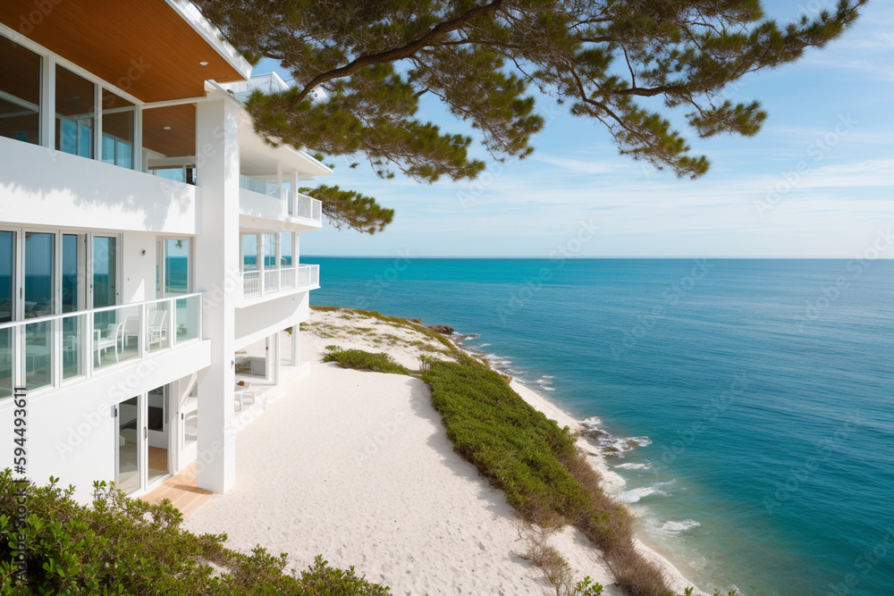 Fototapeta premium white beach house overlooking the sea. Generative AI