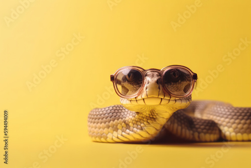 A funny snake wearing sunglasses up close, a reptile with cool and trendy fashion sense. Exotic and dangerous with its venomous fangs, a symbol of protection and style. AI Generative.