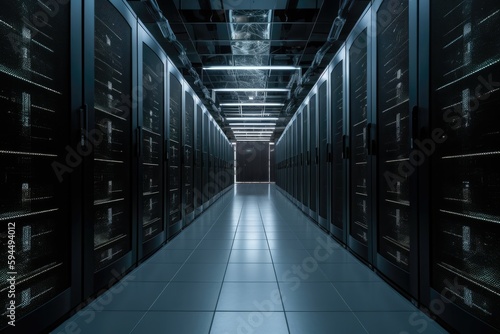 Dramatic image of a data center with servers and storage. Generative AI