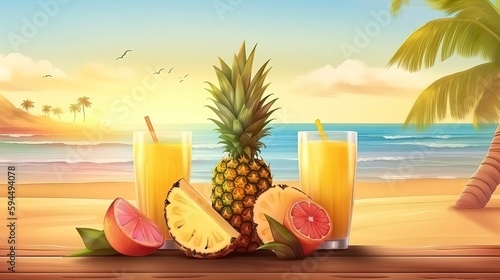 Cocktail drin Pina Colada Summer cold drinks on tropical area. Summer day. Happy Summer Day. Generative AI