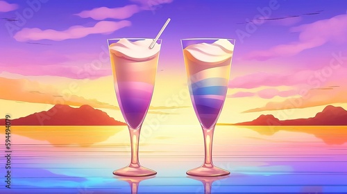 Cocktail drin Pina Colada Summer cold drinks on tropical area. Summer day. Happy Summer Day.  Generative AI
