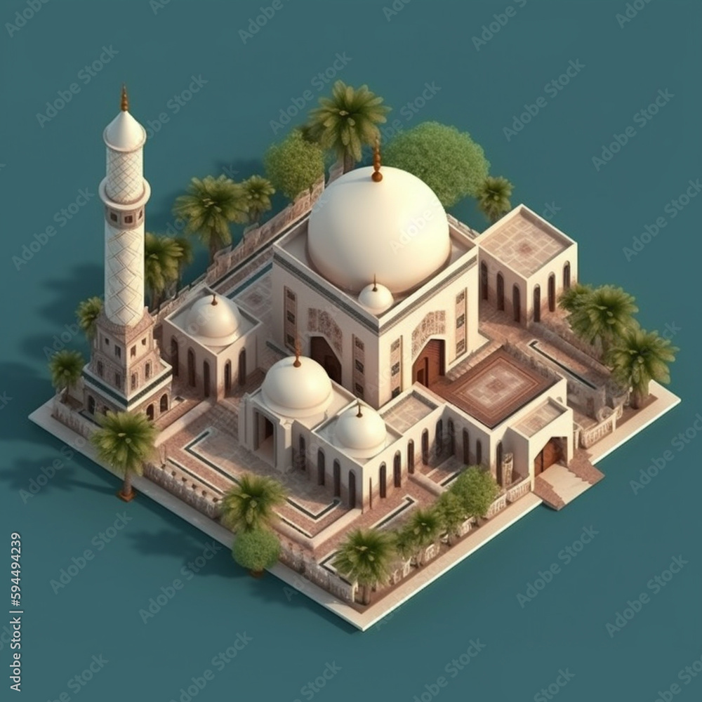 Obraz premium Isometric mosque. isometric icon or info graphic element representing low poly mosque building