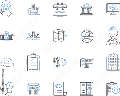 Industrial machinery line icons collection. Automation, Assembly, Conveyors, Drilling, Fabrication, Forging, Injection vector and linear illustration. Lathes,Machining,Milling outline signs set