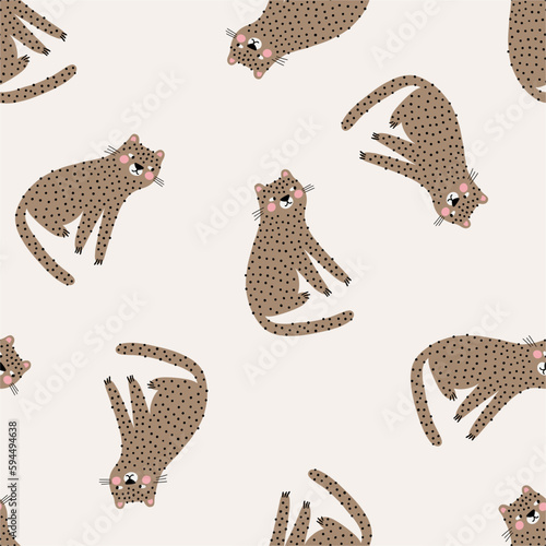 Cute cartoon leopard - vector illustration in flat style. Eat, Sleep, Repeat. Seamless pattern