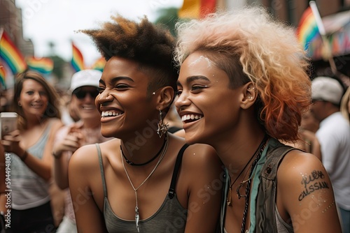 young lesbian couple enjoying a pride parade with love and acceptance"