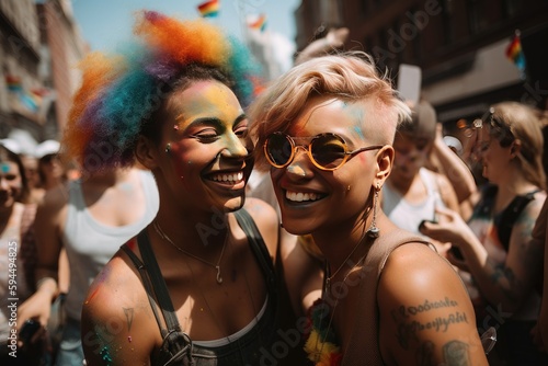 young lesbian couple dancing and enjoying a joyous pride festival"