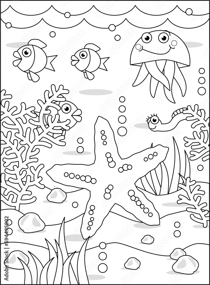 Fototapeta premium Coloring page with starfish and underwater scene of sea life 