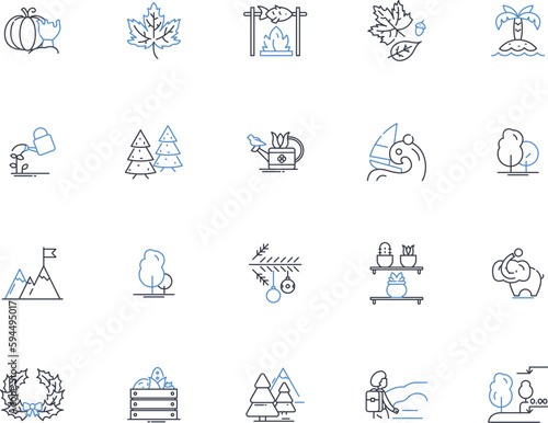 Scenery line icons collection. Panorama, Landscape, Horizon, Vista, View, Terrain, Terrain vector and linear illustration. Countryside,Seaboard,Coastal outline signs set