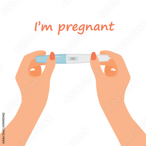 Woman hands holding positive pregnancy test result with two red stripes