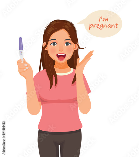 Young woman excited holding positive pregnancy test result with two red stripes