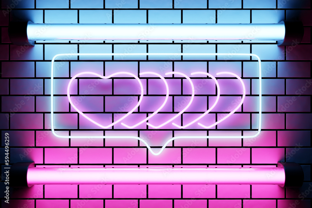 3d illustration realistic isolated neon heart sign in speech bubble for decoration and covering on wall background. 3d illustration realistic isolated neon heart sign in speech bubble for decoration and covering on wall background.