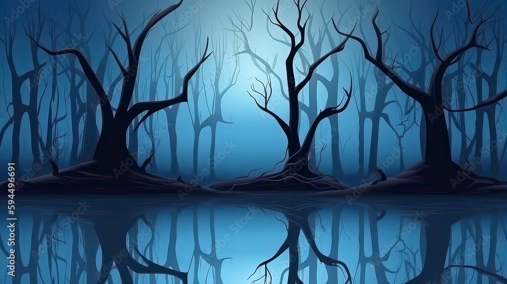 Naklejka premium Dark natural scene with reflection of light in the water illustration. Generative AI