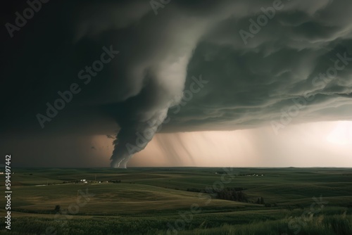 Dramatic image of a tornado forming in the distance. Generative AI © Kanisorn