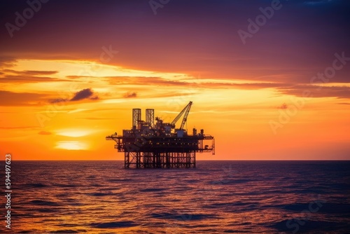 Dramatic oil rig in the ocean with a bright orange sunset in the background. Generative AI © Kanisorn