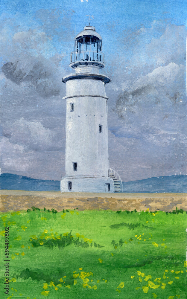 gouache painting summer landscape with lighthouse and cloudy sky, hand drawn illustration