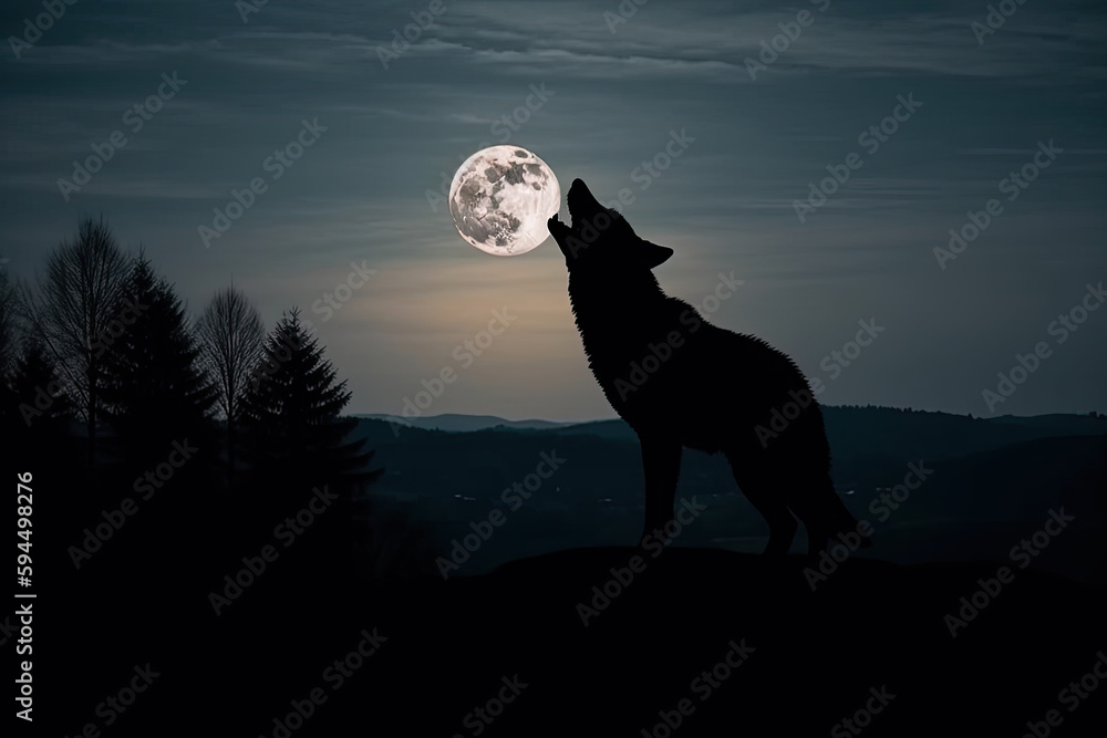 wolf howling at the moon. AI generative image.