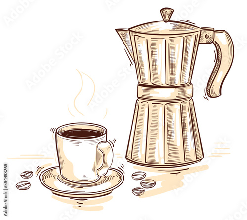Hand drawn moka pot and cup of coffee