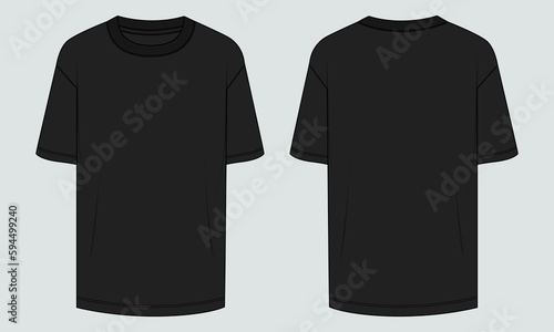 Short sleeve T shirt Technical Fashion flat sketch vector illustration black Color template front and back views. Clothing design mock up for men's isolated on Grey background.