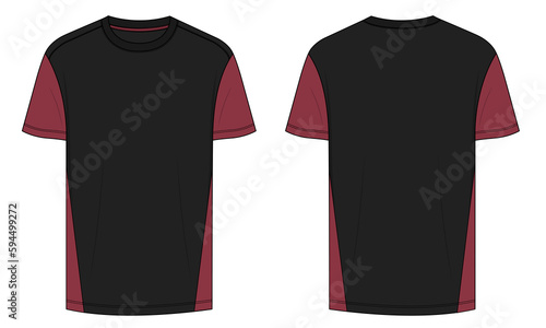 Two tone Color Short sleeve T shirt Technical Fashion flat sketch vector illustration  template front and back views. Clothing design mock up for men's isolated on White background.