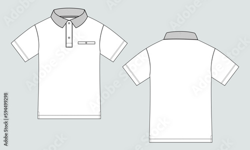 Short sleeve Polo shirt Technical Fashion flat sketch vector illustration  template front and back views. Clothing design mock up for men's isolated on grey background.