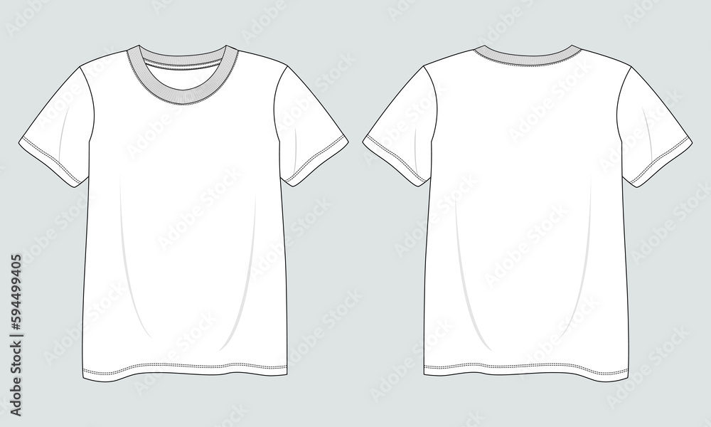 Fototapeta premium Short sleeve T shirt shirt Technical Fashion flat sketch vector illustration template front and back views. Clothing design mock up for ladies isolated on grey background.