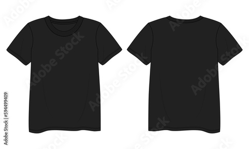 Photographie Short sleeve T shirt shirt Technical Fashion flat sketch vector illustration black color  template front and back views