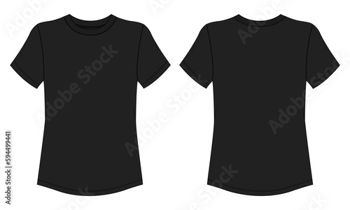 Slim fit Short sleeve T shirt shirt Technical Fashion flat sketch vector illustration black color template front and back views. Clothing design mock up for ladies isolated on White background.