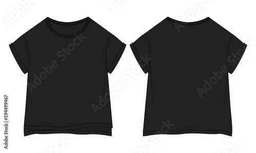 T shirt shirt tops Technical Fashion flat sketch vector illustration black Color template for kids.