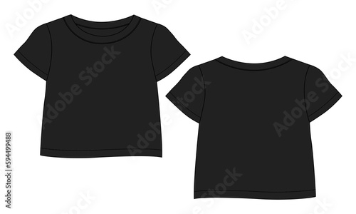 T shirt shirt tops Technical Fashion flat sketch vector illustration black Color template for kids.
