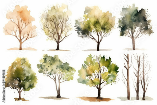 Watercolor trees collection. Set of hand drawn trees. Forest tree pack, generative AI