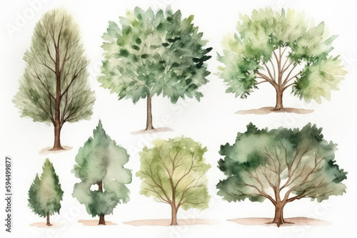 Watercolor trees collection. Set of hand drawn trees. Forest tree pack  generative AI