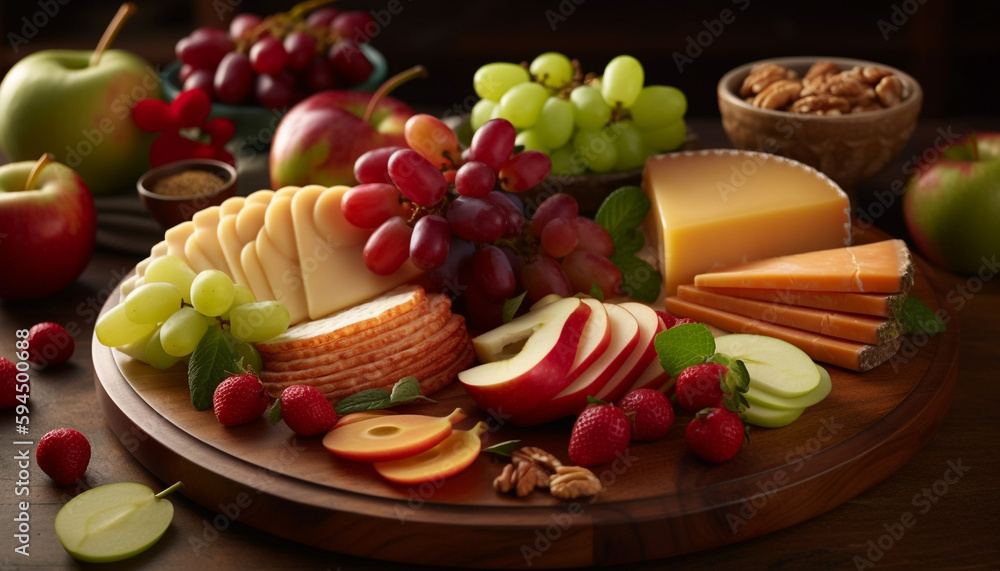 Fresh fruit and gourmet cheese on rustic tray generated by AI Fresh fruit and gourmet cheese on rustic tray generated by AI