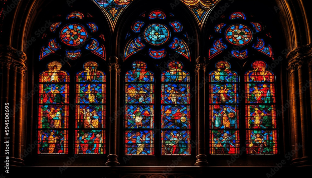Gothic architecture Stained glass illuminates religious spirituality inside generated by AI
