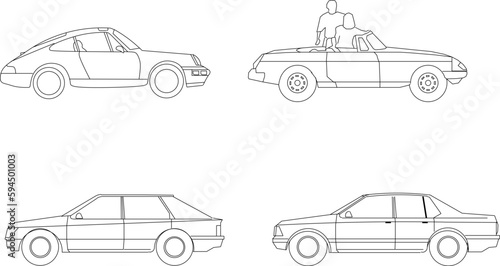 Vector sketch illustration set of simple cars side view