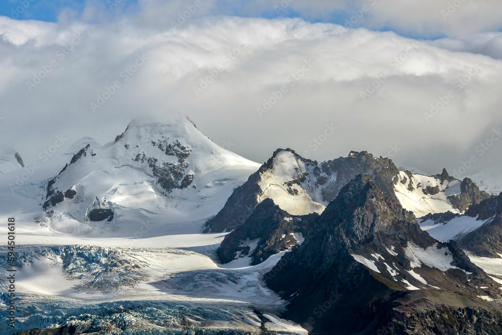 Clouds obscuring mountain peak on Elephant Island in Antarctica