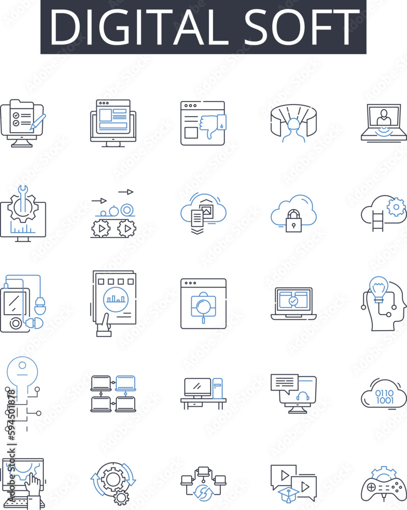 Digital soft line icons collection. Electronic silky, Virtual smooth, Computerized gentle, Online malleable, Cyber liquid, Virtual pliable, Electronic flexible vector and linear illustration Digital soft line icons collection. Electronic silky, Virtual smooth, Computerized gentle, Online malleable, Cyber liquid, Virtual pliable, Electronic flexible vector and linear illustration