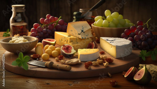 A gourmet cheese plate on rustic wooden plank generated by AI