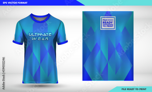 Sports jersey blue geometry pattren and t-shirt template sports jersey design vector mockup. Sports design for football and soccer