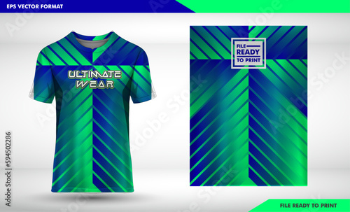 Pattern design, illustration, neon green to navy square texture textile background for sports t-shirt, football jersey shirt mockup for football club. consistent front view