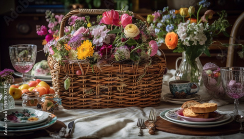 Freshly picked flowers adorn rustic basket centerpiece generated by AI