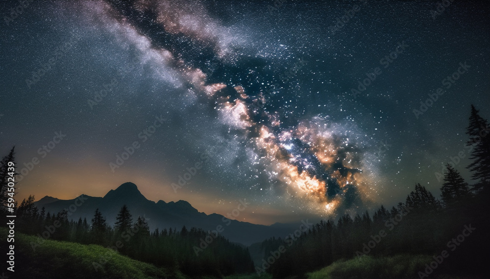 Star trail illuminates majestic mountain peak at night generated by AI