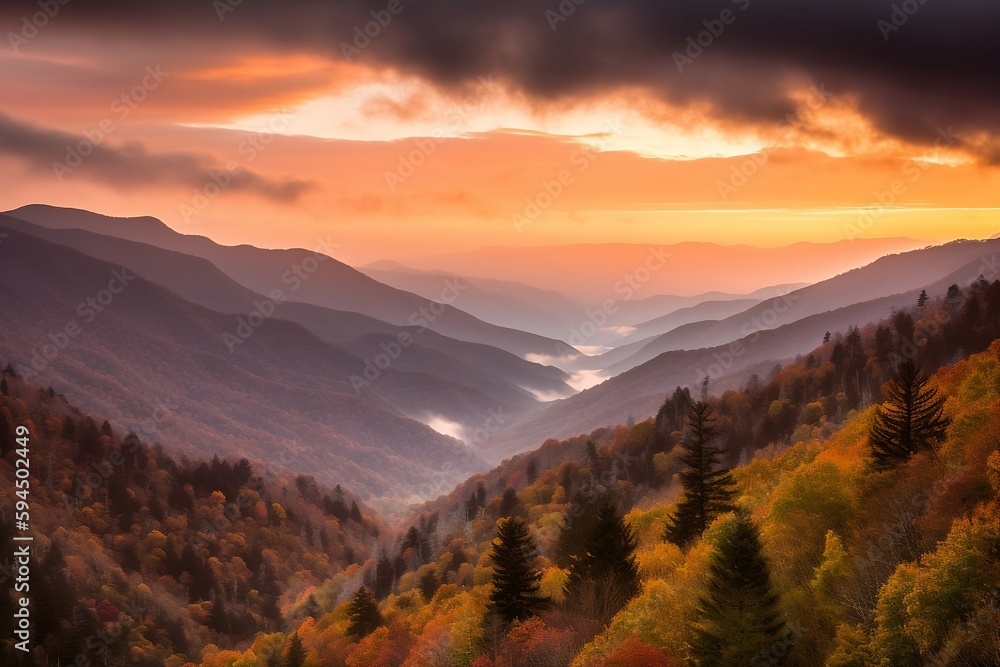 Autumn sunrise over Newfound Gap overlook in the Great Smoky Mountains, hyper realistic, Digital art