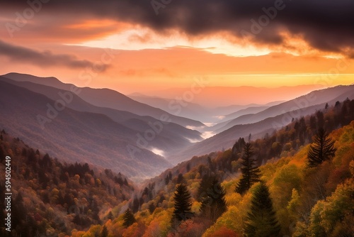 Autumn sunrise over Newfound Gap overlook in the Great Smoky Mountains, hyper realistic, Digital art photo