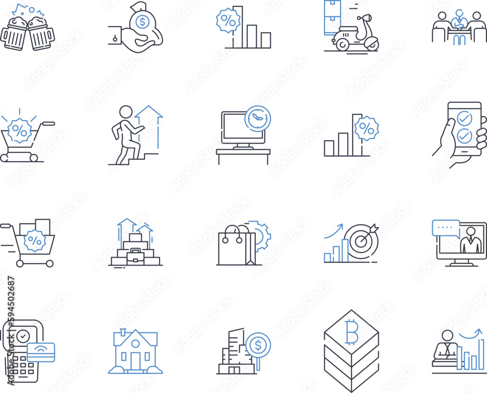 Selling and surplus line icons collection. Auctions, Clearance, Inventory, Liquidation, Merchandise, Overstock, Resale vector and linear illustration. Bargain,Disposal,Dumping outline signs set