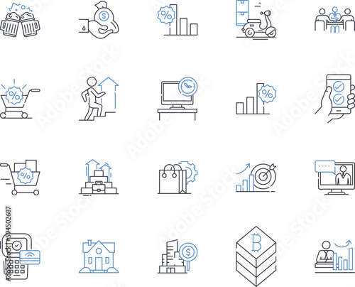 Selling and surplus line icons collection. Auctions, Clearance, Inventory, Liquidation, Merchandise, Overstock, Resale vector and linear illustration. Bargain,Disposal,Dumping outline signs set