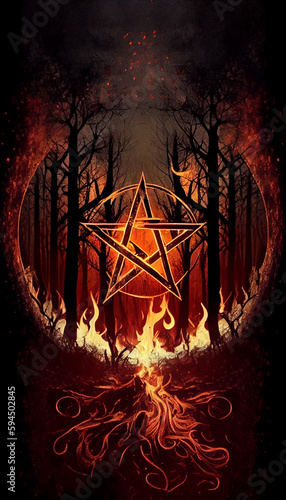 orange flame pentagram in deep forest