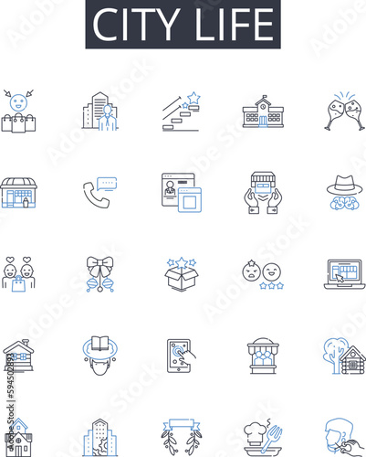 City life line icons collection. Rural living, Big city, Urban living, Village life, Metropolis living, Suburban lifestyle, Hustle bustle vector and linear illustration. Busy streets,Downtown dwelling