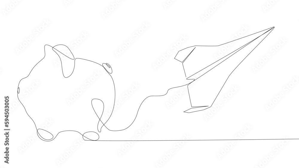 One continuous line of Paper Airplane with Piggy Bank. Thin Line Illustration vector concept. Contour Drawing Creative ideas. One continuous line of Paper Airplane with Piggy Bank. Thin Line Illustration vector concept. Contour Drawing Creative ideas.
