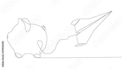 One continuous line of Paper Airplane with Piggy Bank. Thin Line Illustration vector concept. Contour Drawing Creative ideas.