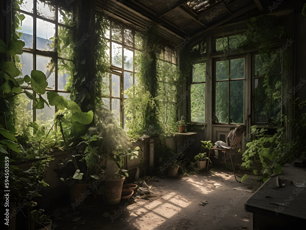 Fototapeta premium An abandoned room in a house with plants growing, generative AI